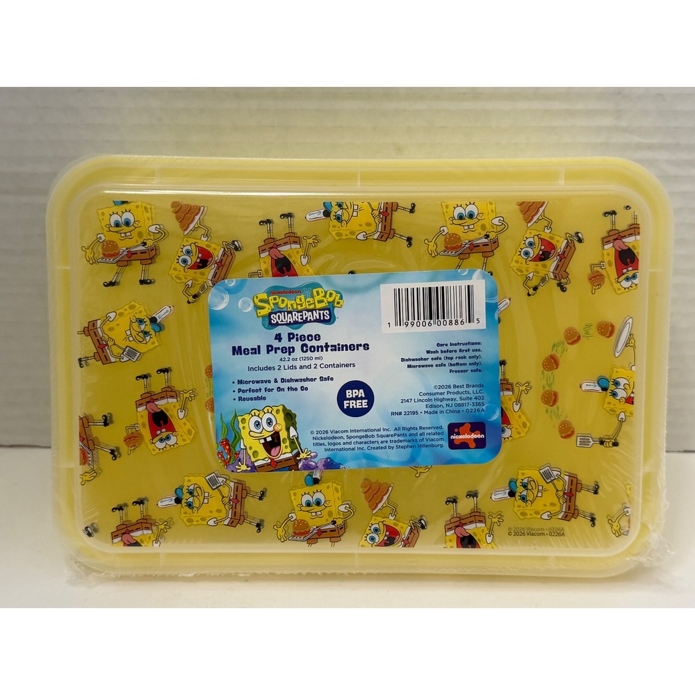 SpongeBob SquarePants 4 Piece Meal Prep Containers 42.2oz Yellow BPA Free New